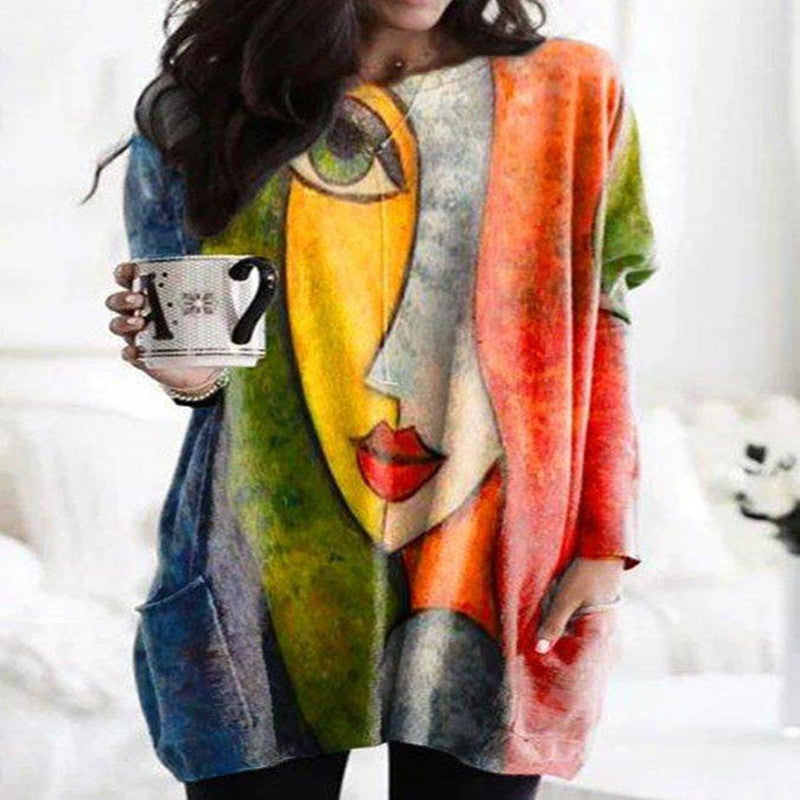 Multicolor Round Neck Abstract Long-Sleeved Tops and Tops