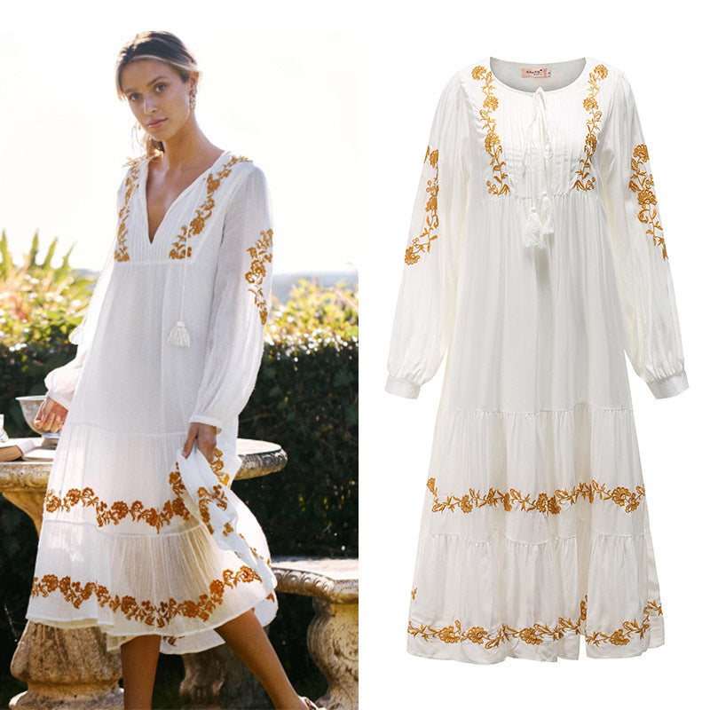 V-neck Embroidered Loose Dress Embroidered Long Skirt