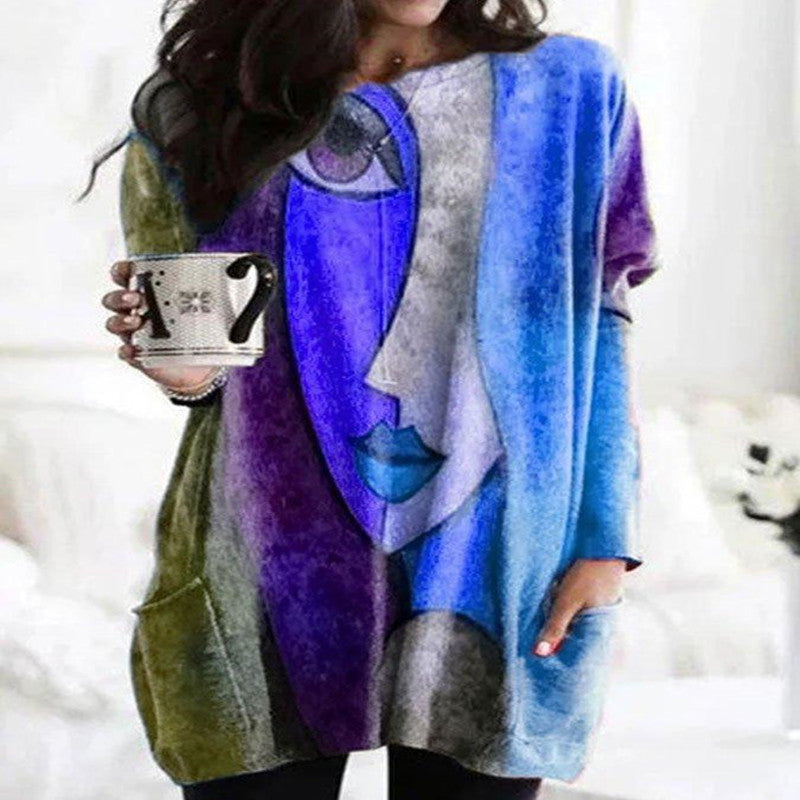 Multicolor Round Neck Abstract Long-Sleeved Tops and Tops