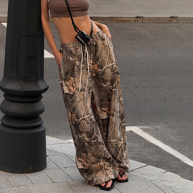 Retro Branch Print Loose Low Waist Elastic Drawstring Pants