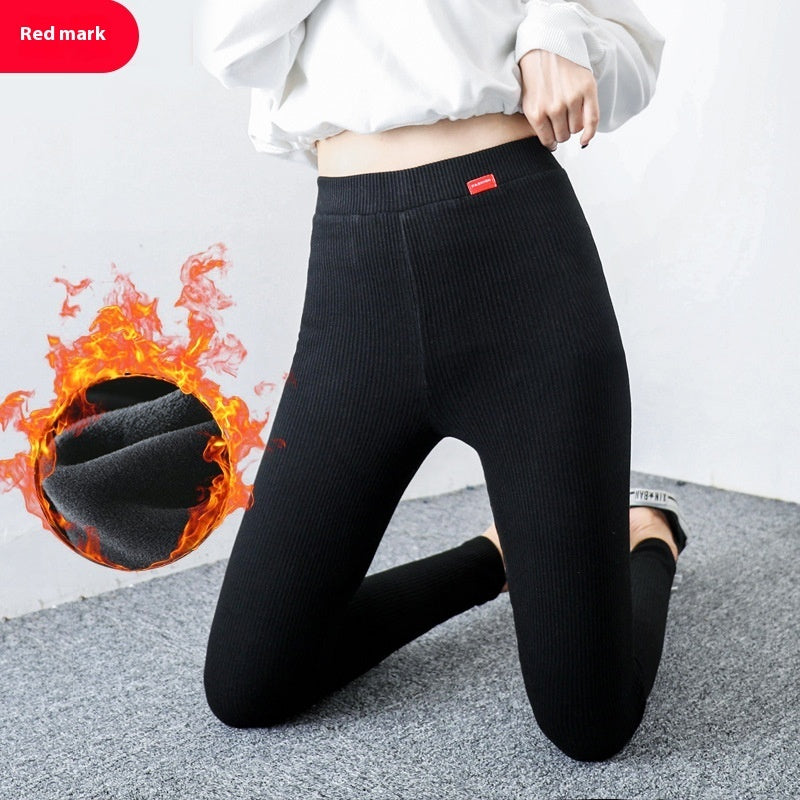 Red Label Thread Fleece-lined Thick Leggings Winter Women's Pants