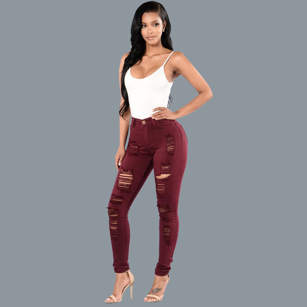 Women's Slim-fit Multi-color Knee Ripped Jeans Repair